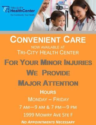 Convenient Care now open at 1999 Mowry Ave Stuite N from 7am -9am and 7pm - 9pm.