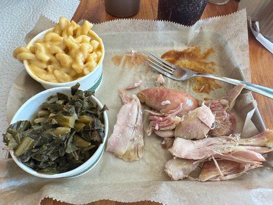 Pulled chicken, Mac n cheese, collard greens