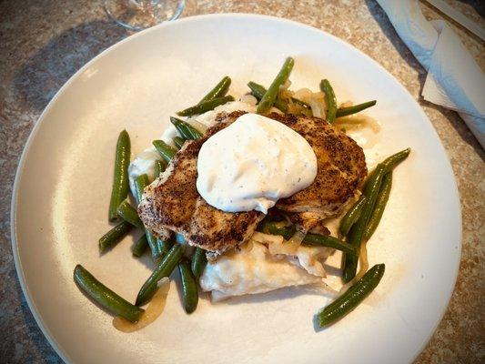 Greek Mediterranean Chicken with mashed potatoes and green beans.