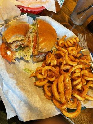 Pork tender sandwich and curly fries