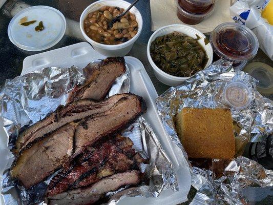 Brisket, ribs, cornbread, baked beans, collard greens