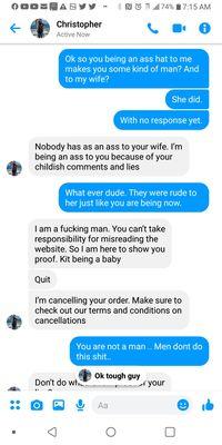 This photo is to show the customer service by Christopher Flores.. A little boy trying to play tough guy on messager..DO NOT GO HERE GO!!!