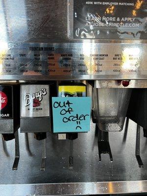 Three of the dispensers were labeled (with post-it notes) out of order. A fourth, the Coke, also didn't work...