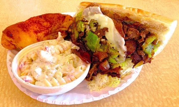 Pepper Steak sub with pasta salad and a pepperoni roll