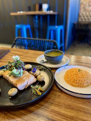 Salmon with mole sauce, enchilada sauce on side.