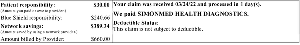 BSCA claim detail for xray showing claim was processed in 1 day and the claim was not subject to deductible aka I had a copay.