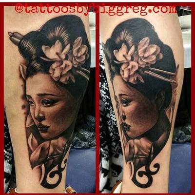 Black and grey geisha tattoo by Big Greg