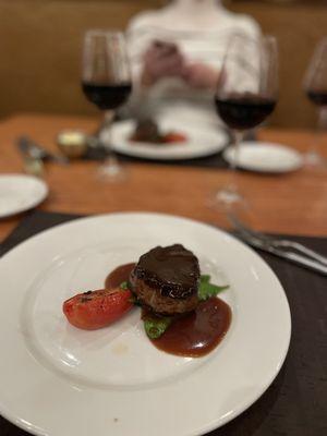 The 4th course of the chef's tasting menu.  Steak was perfectly cooked and the sear actually gave the steak an incredible crunch.