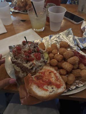 Double meat burger with tots