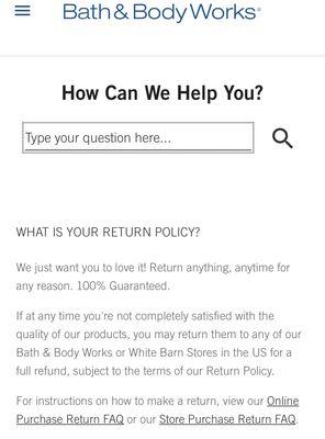 Bath abs body works website stating their return policy