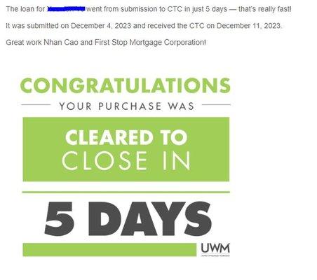 A purchase loan got clear to close status within 5 days since submission