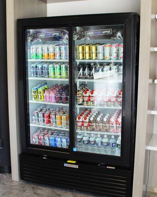 Our cooler is stocked with many types of drinks. Pre-workout, protein drinks, and more!