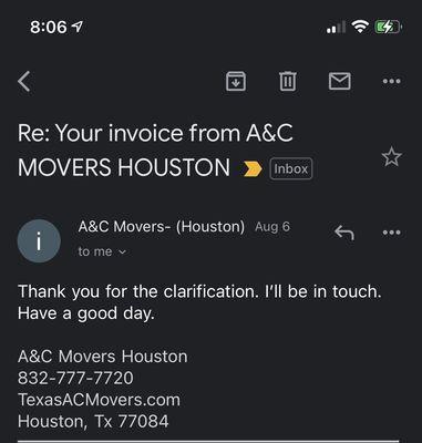 Response from A&C movers