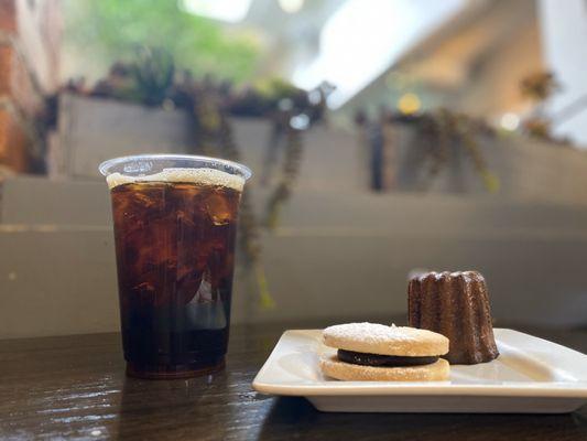 Cold brew, almond cookie with chocolate ganache, canale