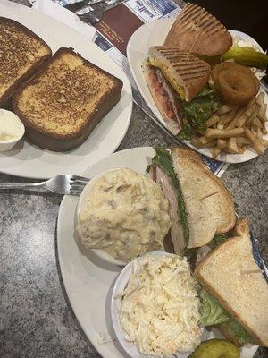 Turkey BLT with a side of mashed potato's, Chicken cutlet ranch sandwich, and the French toast.