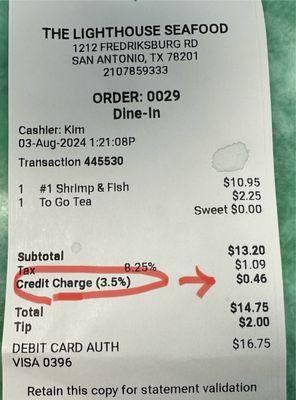 Credit Card Fee now added to bill...3.5% not as greedy as other restaurants. But I would have tipped more otherwise!?