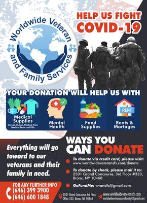 Help our Veterans in this Crisis Due COVID-19. Your contribution help us to provide them mask, gloves, emergency supplies, food and more