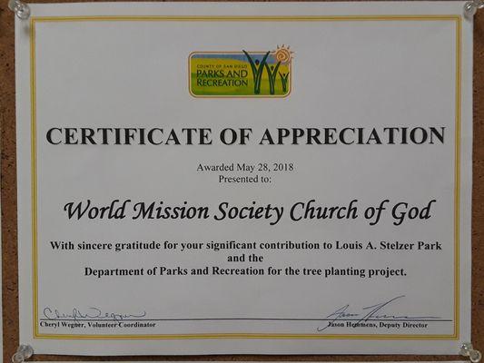 World Mission Society Church of God receives Certificate of Appreciation from Dept. of Parks & Recreation for Planting 383 Trees in 1 Day.