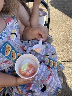 Kiddie scoop of Rainbow. And a handmade sushi dress.