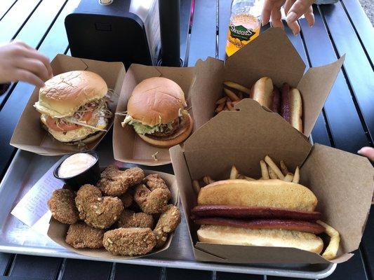 Bovine burger, Sultry Poultry, Beef franks, Avocado chips