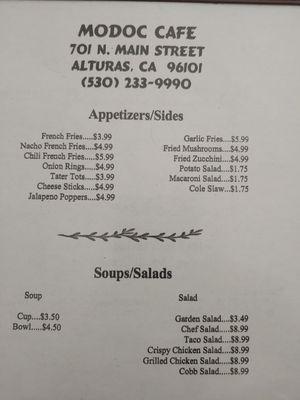 The front of our Menu