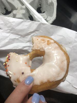 Vanilla frosted donut. Are they experiencing a shortage on frosting? Where are the sprinkles? This donut wasn't even soft.