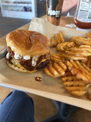 Bacon burger and fries.