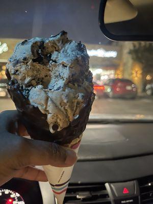 Oreo cold brew in a waffle cone.