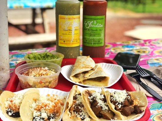 Chayote tacos, black bean tacos, chaoyte quesadilla, guac and esquites! All Vegetarian!