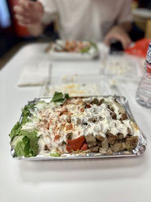 Platter -- Rice & Salad base, Combo chicken & gyro protein and creamy white sauce