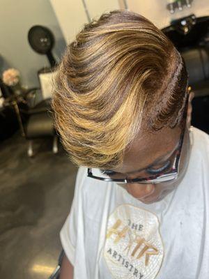 This is a relaxer and highlight service. No weave was added.this is her real hair no extensions but can be done with extensions