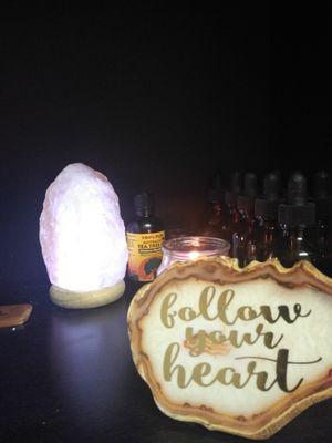 Himalayan salt lamp, natural oils. All of our products are made here.