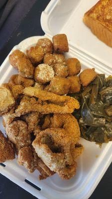 Whitefish nuggets, collard greens, fried okra