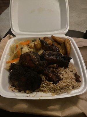 Jerk Chicken (Large) Rice & Peas cabbage. Sweet Plantains