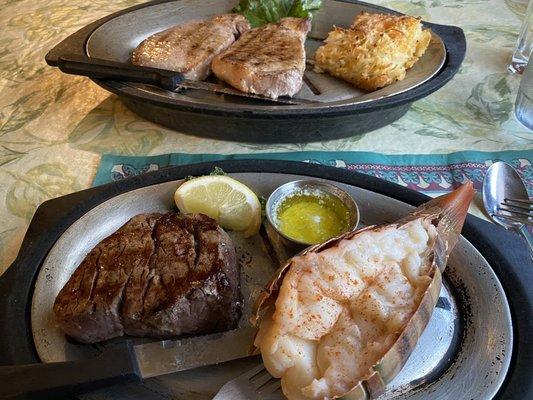 Pork Chops with au gratin hash browns and Steak/Lobster...delicious!