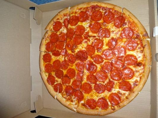 A large Pepperoni pizza, at Corner Pizza in Bristol, CT.