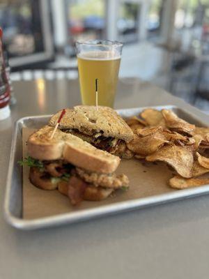 Fried Green Tomato BLT & house chips, Mango Cart draft beer.