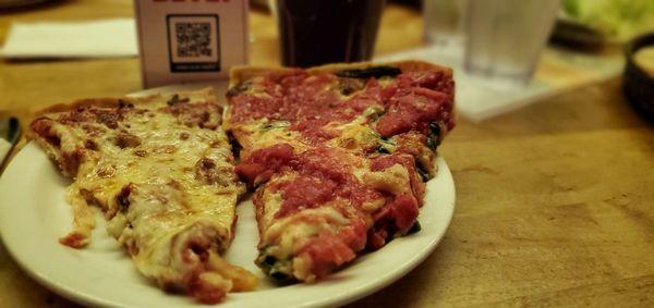 Slice of Deep dish spinach and slice of pepperoni  and sausage thin slice.......why I love Chicago