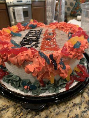 Ice cream cake fail.  Red icing that is pink as they ran out of what they should use and ran to Walmart to purchase