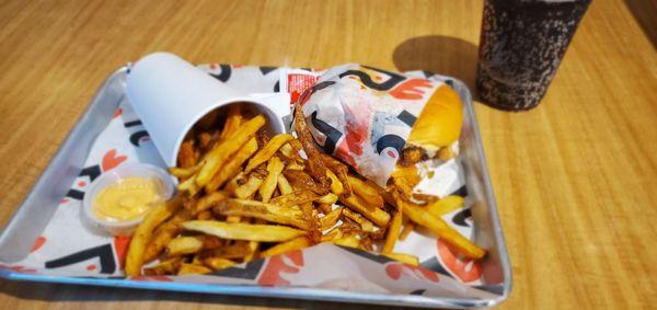 Honey Butter Fried Chicken Sandwich with Fries and side of Sriracha Mayo...