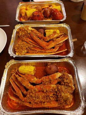 Snow crab clusters, peel 'n eat shrimp, lobster tails, corn, potatoes