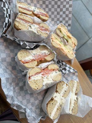 Lox, Popper, Garlic Bagel with Holy Chiver and Lox addition, Onion Bagel with cream cheese and honey scmear