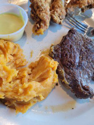 Chicken  tenders. Steak  and mashed sweet potatoes.