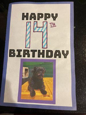 The front of the birthday card the staff made for my oldest!