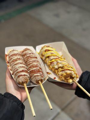 Left - coated in sugar w/ ketchup, honey mustard and a dust of Parmesan. Right - Potato dog with ketchup, honey mustard and mustard.