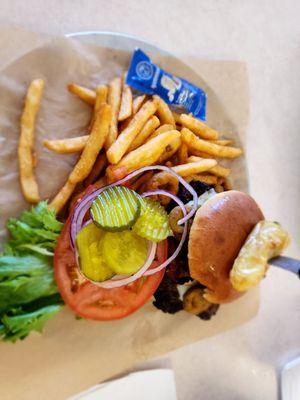 Hot Mess Burger with fries