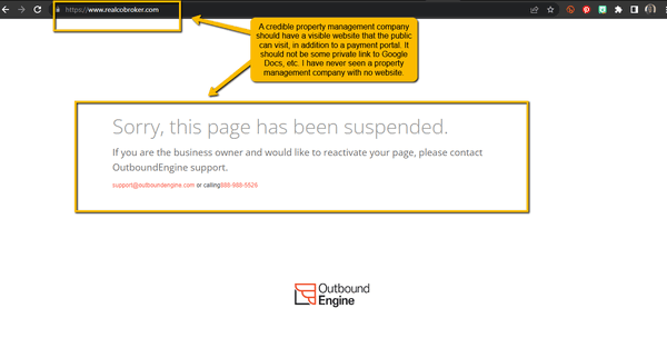 Why would a professional property management company's website be suspended?