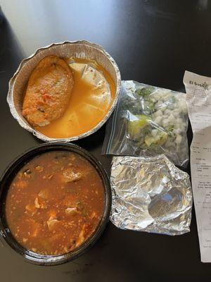 Menudo and chili relleno purchased at the restaurant... I know the chili relleno look BLAH but it was super tasty. Menudo kinda bland