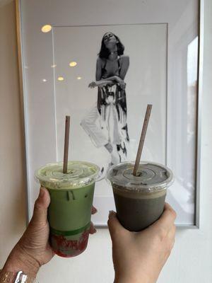 Strawberry Matcha Latte, Dirty Black Sesame Latte