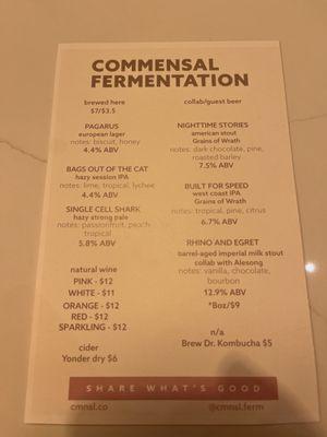 Beer and wine menu